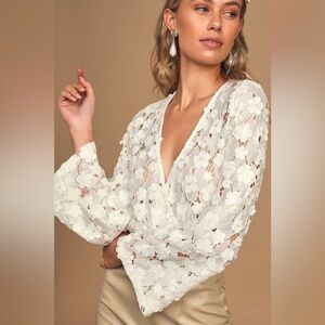 LULU'S Blossom on Over Pink Crochet Lace Faux Wrap Bodysuit L Boho Fairy